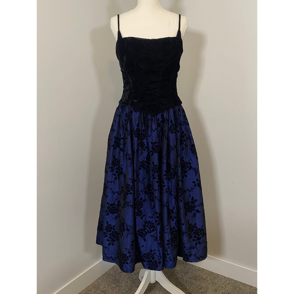 Jessica‎ McClintock Gunne Sax Dress Sz 7/8 Blue Black Velvet Floral Dark Romance